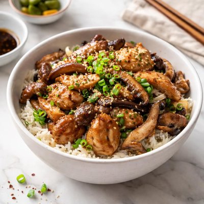 Image of Japanese Chicken Mushroom and Scallion Rice Bowl