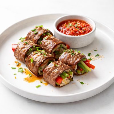 Image of Japanese Steak Rolls with Red Bell Vinegar Dip