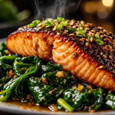 Image of Javanese Roasted Salmon and Wilted Spinach