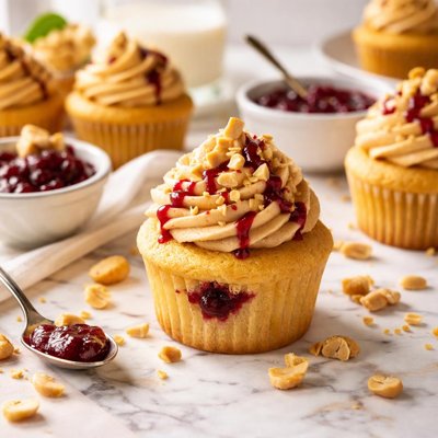 Image of Jelly Filled Pound Cake Cupcakes with Peanut Butter Frosting