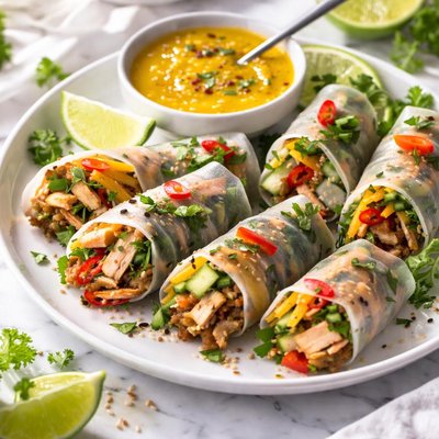 Image of Jerk Chicken Rice Paper Rolls with Mango Sauce