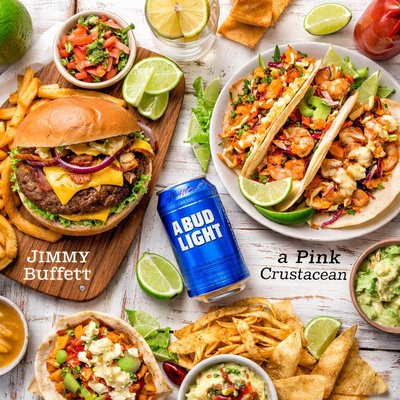 Image of Jimmy Buffett a Bud Light and a Pink Crustacean