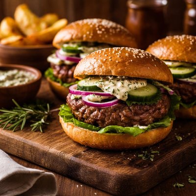 Image of Juicy Lamburgers with Rosemary Mint Sauce
