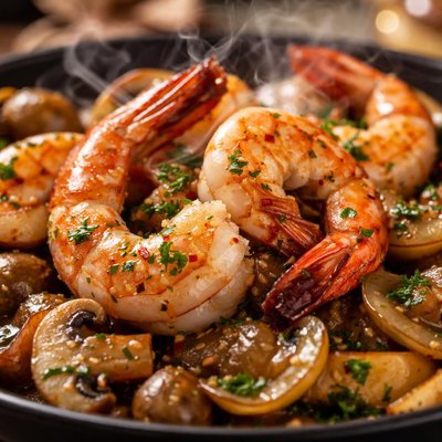 Image of Jumbo Prawns Shrimp with Mushrooms and Onions