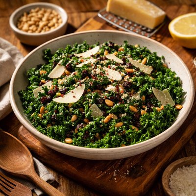 Image of Kale Salad with Pine Nuts Currants Parmesan