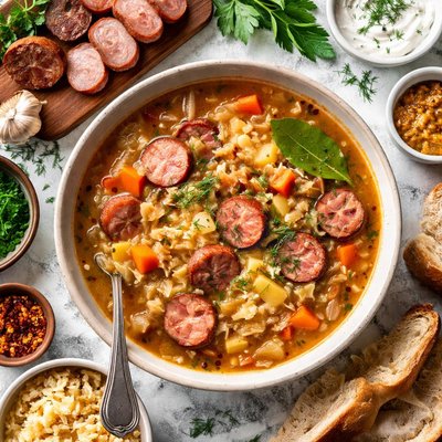 Image of Kielbasa and Sauerkraut Soup Borsch Borscht