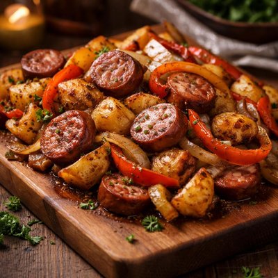 Image of Kielbasa with Potatoes Peppers Onions