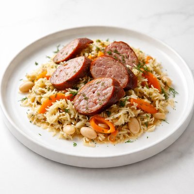 Image of Kielbasa with Sauerkraut Carrots White Beans and Dill