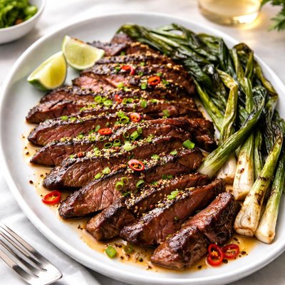 Image of Korean Style Marinated Skirt Steak with Grilled Scallions