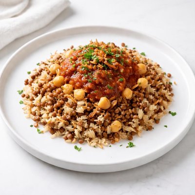 Image of Koshari Lentils and Rice with Tomato Sauce