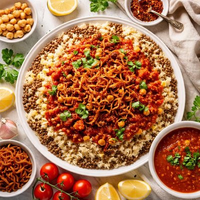 Image of Kushari Egyptian Rice Lentils and Tomatoes
