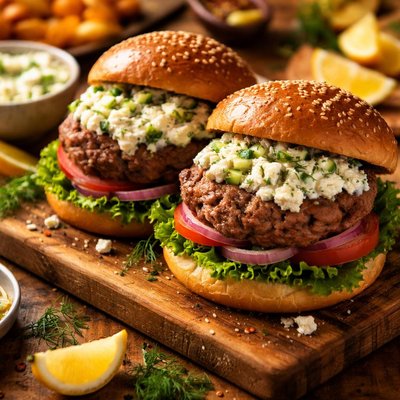 Image of Lamb Burgers with Cucumber Feta Dressing