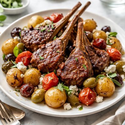 Image of Lamb Chops and Potatoes with Olives Tomatoes and Feta Cheese