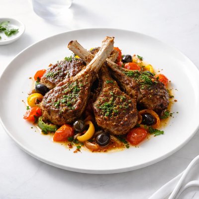 Image of Lamb Chops Calabrese with Tomatoes Peppers and Olives