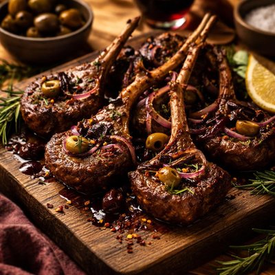 Image of Lamb Chops in a Red Wine Olive Marinade