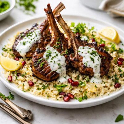 Image of Lamb Chops with Herbed Yogurt Over Couscous