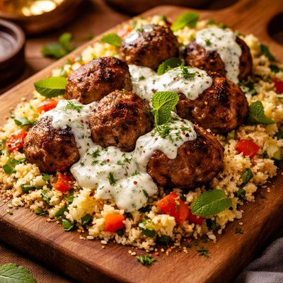 Image of Lamb Meatballs with Cucumber Mint Yogurt and Couscous