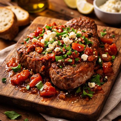 Image of Lamb Steak with Greek Tomato Sauce and Feta