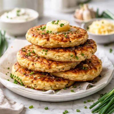 Image of Lancashire Potato Cakes with Chives Garlic and Cheese