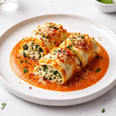 Image of Lasagna Rolls with Roasted Red Pepper Sauce