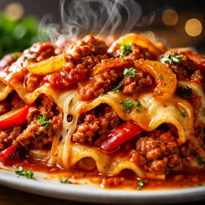 Image of Lasagna with Saucy Sausage Peppers Onions