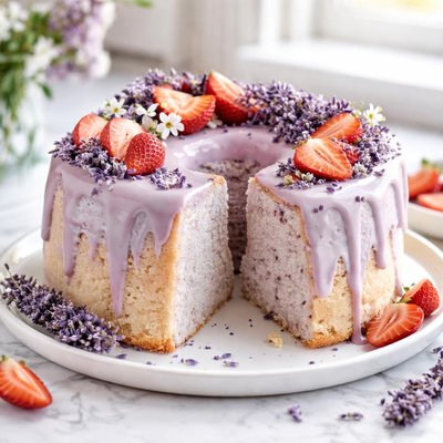 Image of Lavender Angel Food Cake with Fresh Strawberries