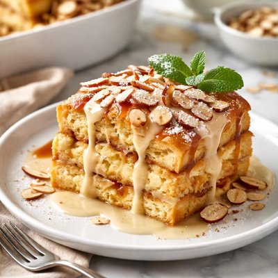 Image of Layered Almond Cream Cheese Bread Pudding with Amaretto Cream Sa