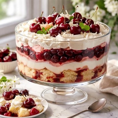 Image of Layered Cherries on a Cloud or Cherry Trifle