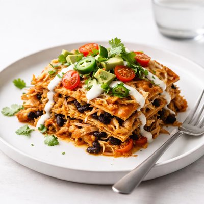 Image of Layered Chicken and Black Bean Enchiladas