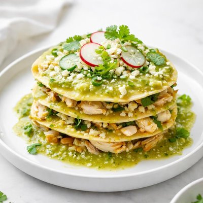 Image of Layered Chicken Enchiladas with Tomatillo Cilantro Sauce