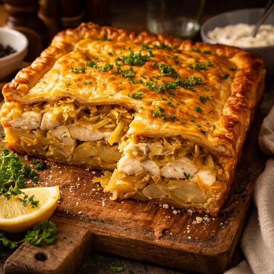 Image of Layered Fish and Potato Pie with Saffron Leeks