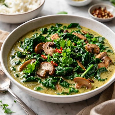 Image of Leafy Greens Curry with Mushrooms Vegan