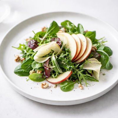 Image of Leafy Salad with Crisp Apple Slices and Parmesan Cheese Curls