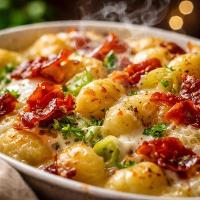 Image of Leek and Gnocchi Bake with Three Cheeses and Crispy Prosciutto
