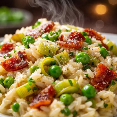 Image of Leek Bacon and Pea Risotto