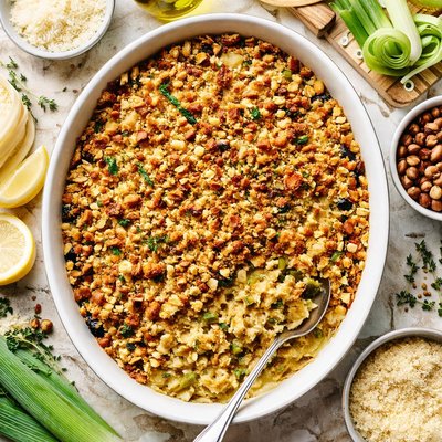 Image of Leek Hazelnut and Cheese Crumble