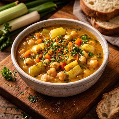 Image of Leek Saffron and Chickpea Soup