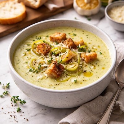 Image of Leek Soup with Roasted Garlic and Parmesan