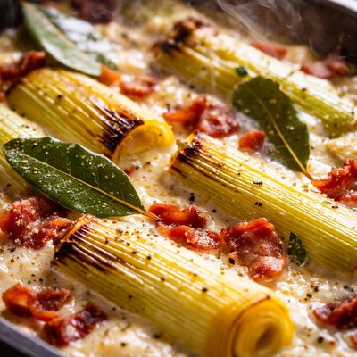 Image of Leeks Baked with Cream Bacon and Bay Leaves