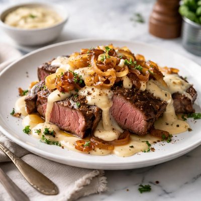 Image of Left Over Steak with Caremelized Onion and Cheese Sauce