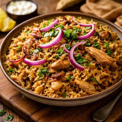 Image of Leftover Turkey Biryani with Red Onion and Cilantro