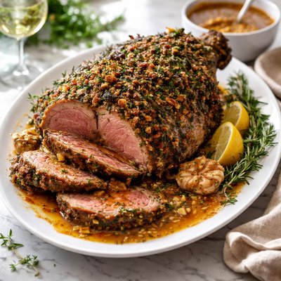 Image of Leg of Lamb Crusted Herbed with Roasted Garlic Sauce