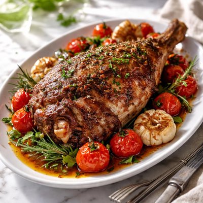 Image of Leg of Lamb with Tomatoes and Garlic