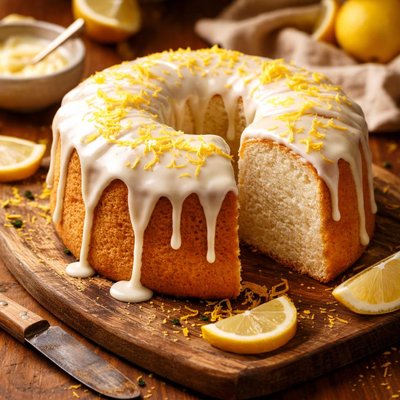 Image of Lemon Angel Food Cake W Lemon Glaze Icing