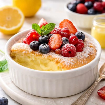 Image of Lemon Buttermilk Pudding Cake with Fresh Berries