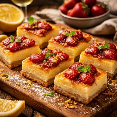 Image of Lemon Champagne Bars with Strawberry Brulee Topping