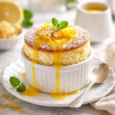 Image of Lemon Cheese Souffle with Lemon Ginger Sauce