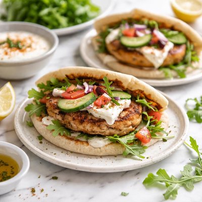 Image of Lemon Chicken Pita Burgers with Spiced Yogurt Sauce