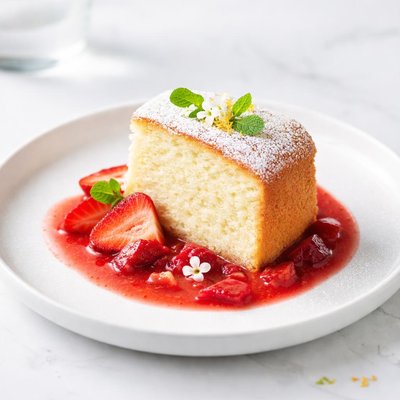 Image of Lemon Chiffon Cake with Strawberry Sauce