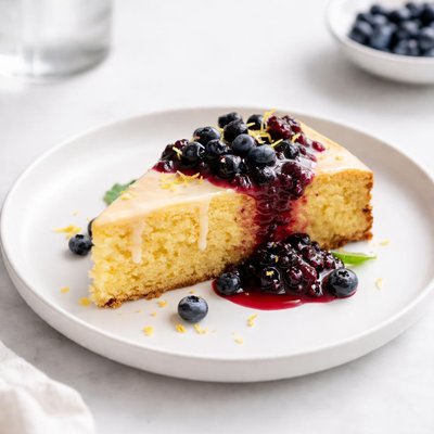 Image of Lemon Cornmeal Cake with Lemon Glaze and Crushed Blueberry Sauce